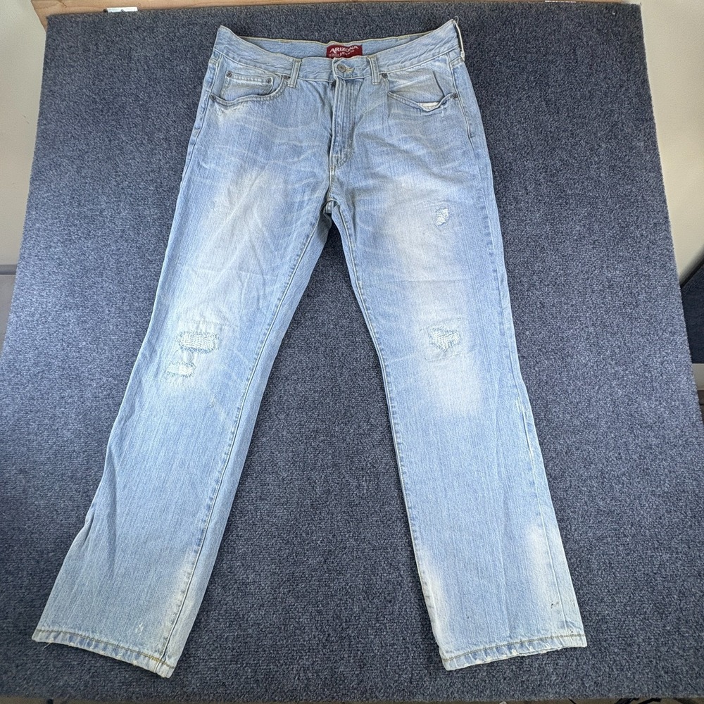 Arizona Jean Co Slim Straight Mens 38x30 Blue Light Wash Denim Distressed Cotton